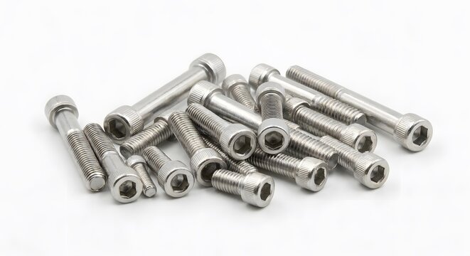Pile of stainless steel socket head cap screws on plain white surface