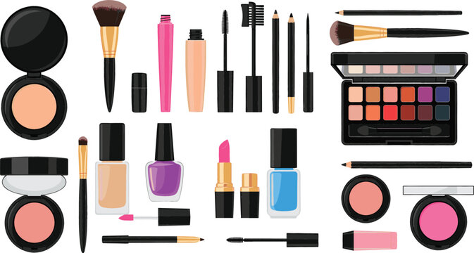 Comprehensive collection of makeup and cosmetics vector icons including lipstick eyeshadow palette nail polish mascara brushes and foundation for beauty salon branding and fashion design.