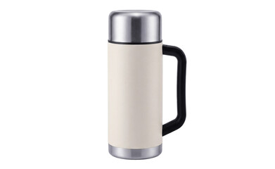 Steel vacuum insulated thermos bottle with black handle and white body on transparent background for hot coffee tea or cold water storage while hiking or traveling far