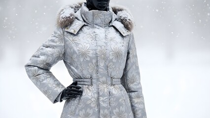 Naklejka premium Elegant silver‑grey winter coat with subtle jacquard floral pattern, belt detail and fur‑trimmed hood on faceless mannequin in falling snow, sophisticated insulated outerwear conveying luxury, warmth 