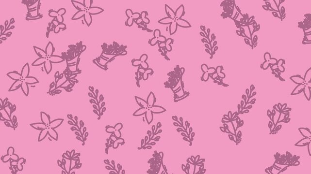 animated floral seamless doodles Pink pattern on a soft background, perfect for spring designs, feminine themes, invitations, and artistic projects that need a touch of elegance.