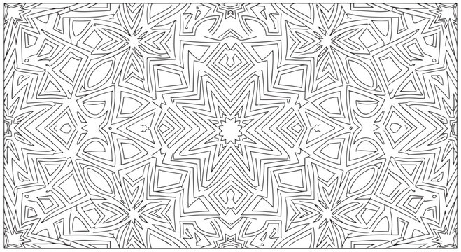Geometric Star Mandala Coloring Page with Intricate Kaleidoscope Linear Patterns