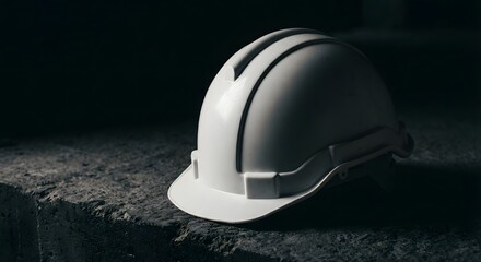 Fototapeta premium White hard hat resting on concrete surface with dark background
