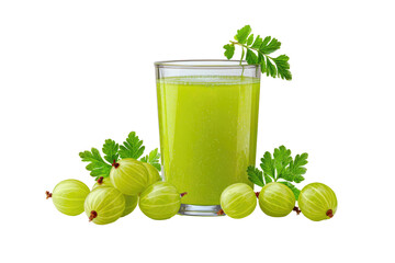 Green juice in glass, surrounded by gooseberries and leaves