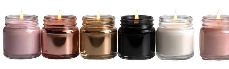Five small, square candles in clear glass jars, various colors, with lit flames