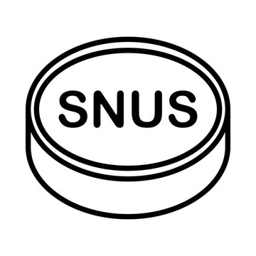 Snus can icon. Minimalist line art of a round nicotine pouch container with SNUS text symbol.