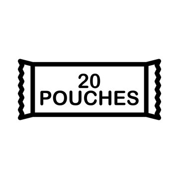 20 pouches nicotine icon. Minimalist line art of a snus bag with quantity text symbol.