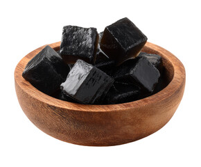Dark, cubed jelly dessert in a wooden bowl (1)