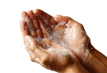 Hands cupped together, covered in a generous layer of soapy bubbles
