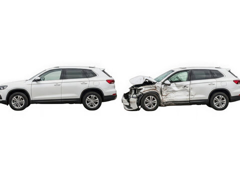 Damaged White SUV After Collision Next to Intact Vehicle on White Background