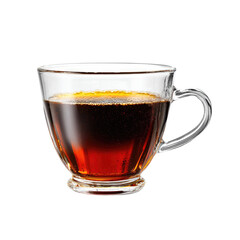 Clear glass cup filled with dark amber liquid