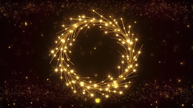 Golden light circular pattern on dark background with sparkling particles, festive, celebration