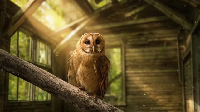 Owl perched on branch in wooden cabin with sunlight filtering through windows