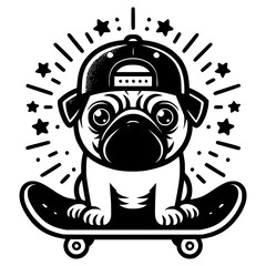Pug Skater: A charming illustration depicts a pug, sporting a cool cap, confidently perched on a skateboard, surrounded by stars and radiating positive vibes.