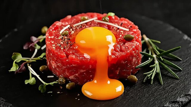 A perfectly prepared steak tartare with a raw egg yolk and capers, ready to be mixed and savored