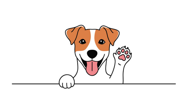 Cute friendly cartoon jack russell terrier dog waving and peeking from behind a border on a clean white background.