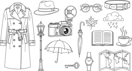 Obraz premium Hand Drawn Vintage Lifestyle and Travel Line Icons Set, Minimal Doodle Illustration