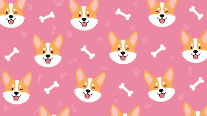 Fototapeta premium Cute seamless pattern featuring cartoon pembroke corgi dog heads and white bones on a vibrant pink background.