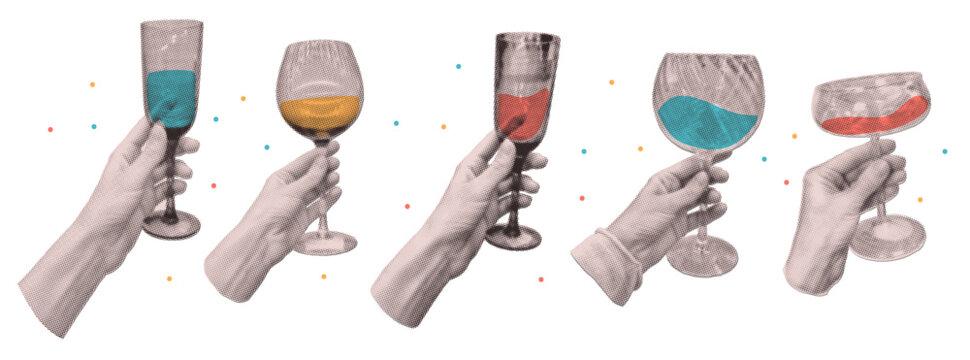 Set of hands holding various summer cocktails. Halftone colage hands with alcoholic and non-alcoholic drinks. People celebrate event together. Modern collage. Vector