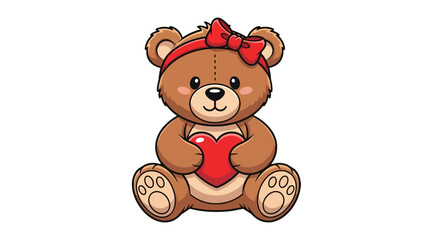 Naklejka premium Cute cartoon teddy bear wearing a red bow and holding a red heart.