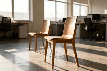 Fototapeta premium Modern office interior featuring a sleek wooden desk and ergonomic chair in an empty business meeting room with a large window and minimalist design