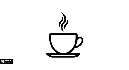 Obraz premium Simple line art icon of a steaming coffee cup on a saucer.