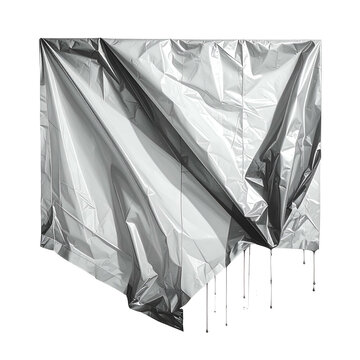 Shiny, crinkled, silver tarp draped over an unseen object, rendered on a black backdrop