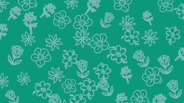 animated floral seamless doodles Green background with white sketched floral patterns. Perfect for naturethemed designs, spring promotions, and feminine branding materials.