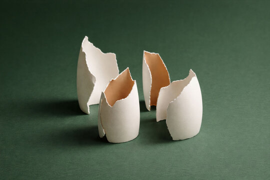 Abstract still life. Broken eggshells as fragile architecture, renewal and transition. Easter concept, rebirth, vulnerability, quiet symbolism, modern spring aesthetics.