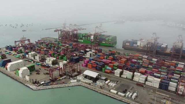 aerial view container port callao peru, dense multicolored container stacks, towering cranes loading