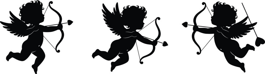 Fototapeta premium Black Silhouettes of Three Cupid Cherubs Aiming Bows and Love Arrows for Valentine's Day Wedding and Romantic Celebration Graphic Design Projects