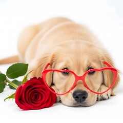 Cute puppy wearing heart-shaped glasses with a rose