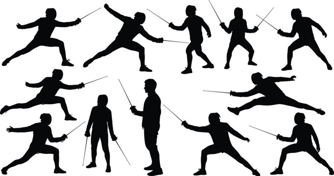 Fencing silhouette icon set, swordplay, duel stance, athletic pose, sparring action, martial art, vector illustration, black pictogram, combat technique