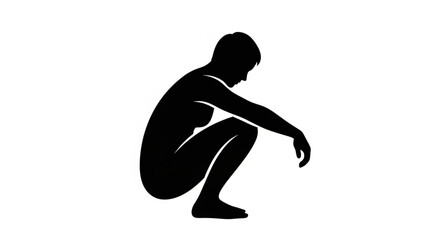 Silhouette of a person squatting down looking thoughtful.