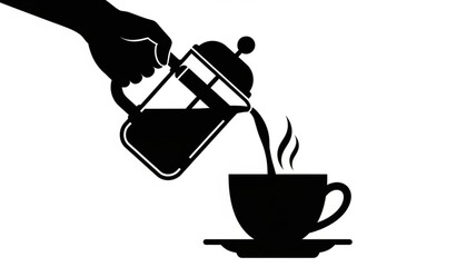 Silhouette of hand pouring coffee from French press into cup.