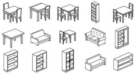 Collection of isometric furniture line art drawings.