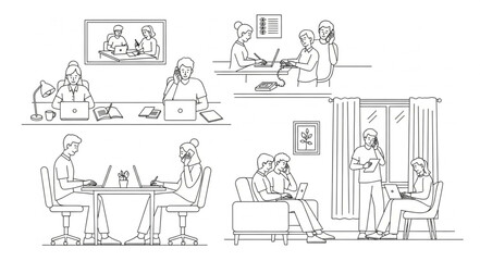 Diverse group of people engaged in various daily activities and work scenarios.