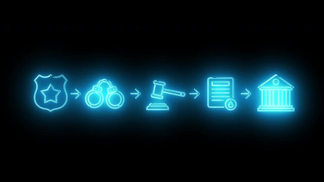 Glowing blue neon icons depicting a justice or law enforcement process on a black background with a document and courthouse.