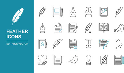 Large set of black and white line icons featuring feather quills notebooks fountain pen nibs and birds for creative writing literature and historical storytelling concepts © PixelsWorld