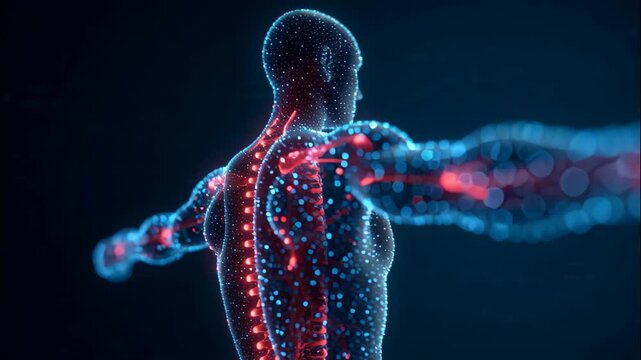 Digital Human Figure Illuminated with Dynamic Light Particles in Futuristic Motion Visualization