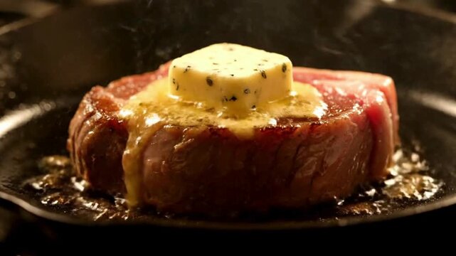 Perfectly seared prime ribeye steak sizzling in a cast iron skillet, crowned with a rich pat of melting herb butter, promising a gourmet dining experience