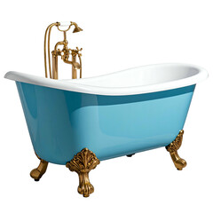 A vintage style bathtub with blue exterior, white interior, and decorative gold fixtures
