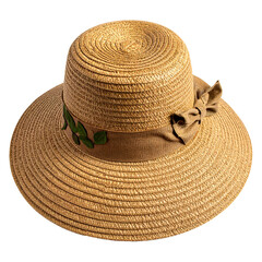 Wide-brimmed straw hat with a brown ribbon, green leaves, and a large bow detail