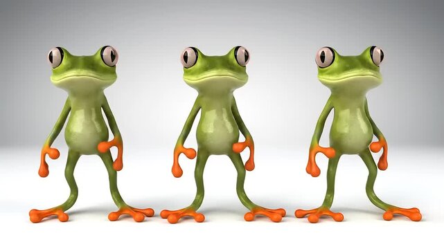 Three cute tree frogs stand in a row in a 3D CGI render, staring into distance, creating a humorous scene, evoking childlike whimsy and playful spirit.