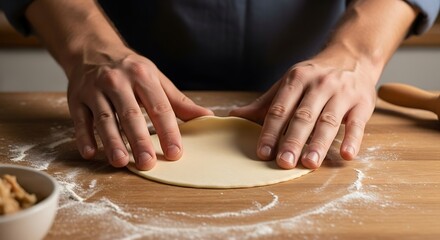 Hands shaping dough on floured surface for cooking.