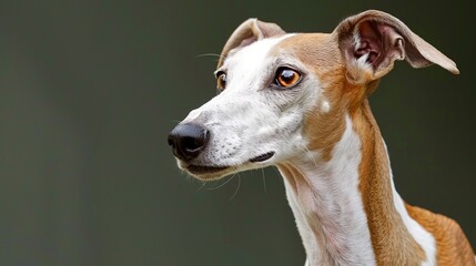 Close up portrait of an elegant ibizan hound with amber eyes against a dark green background
