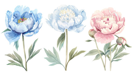Set of delicate peonies and flower buds in watercolor style with soft colors. Elegant floral clipart set isolated on a transparent background for aesthetic scrapbooking and bridal stationery.