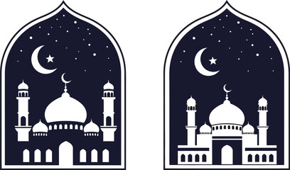Elegant islamic mosque illustration with crescent moon and stars in arched frame © MSTMANWARA