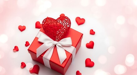 Red heart gift box with ribbon