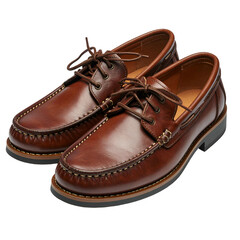 A close-up studio shot of a pair of brown leather boat shoes with laces and stitching